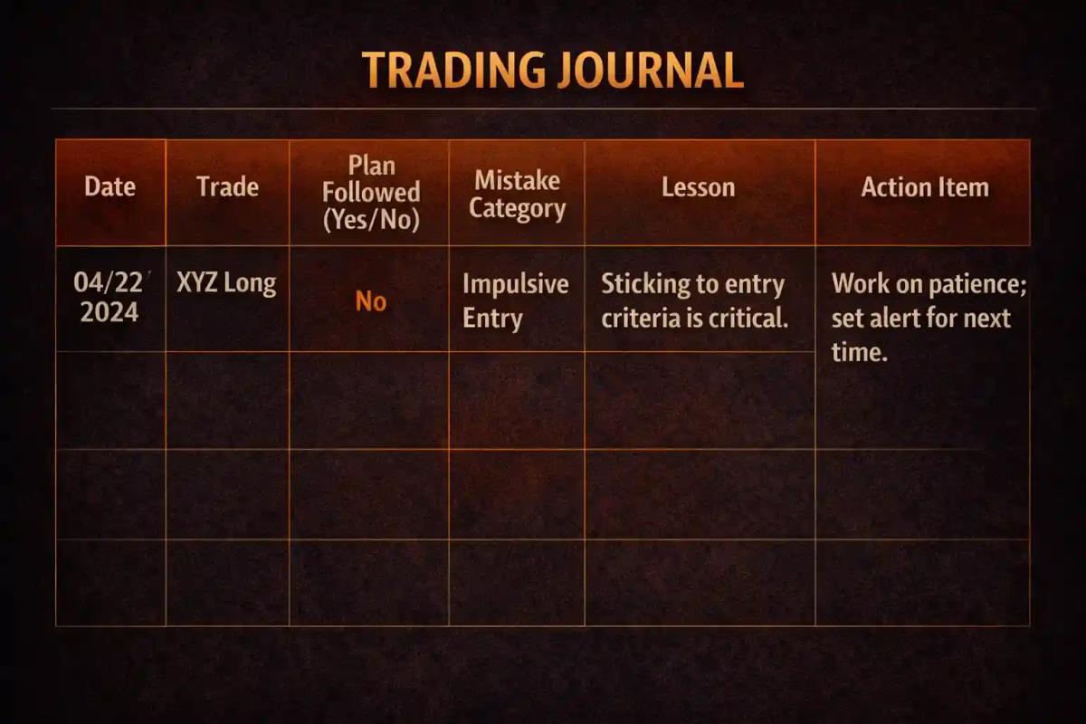 Trading journal template with columns for date, trade, plan adherence, mistake category, lesson, and action item
