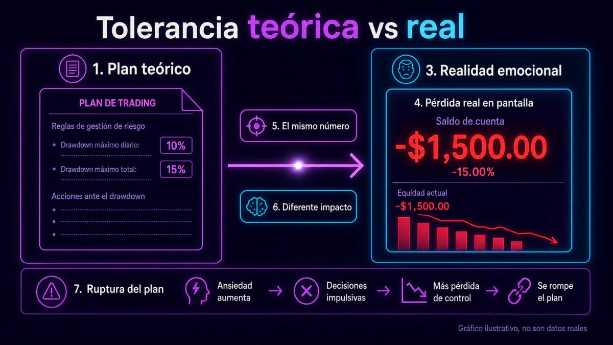 Comparación de plan teórico en papel versus drawdown real en dinero vivo en pantalla