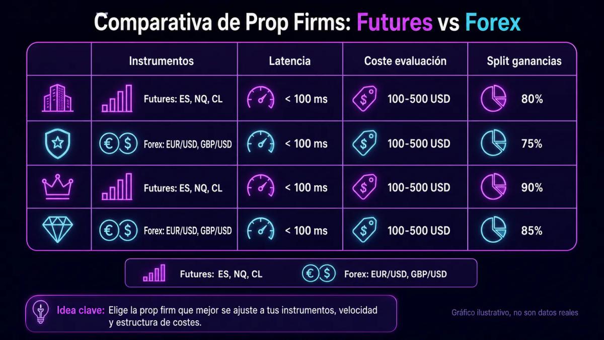 Tabla comparativa de cuatro prop firms con columnas de instrumentos, latencia, coste de evaluación y porcentaje de ganancias