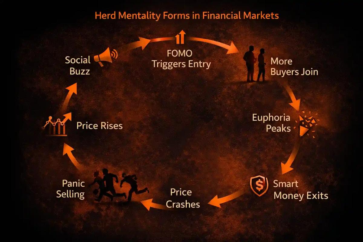 Cycle diagram showing the herd mentality feedback loop from social buzz through FOMO, euphoria, smart money exit, and panic selling