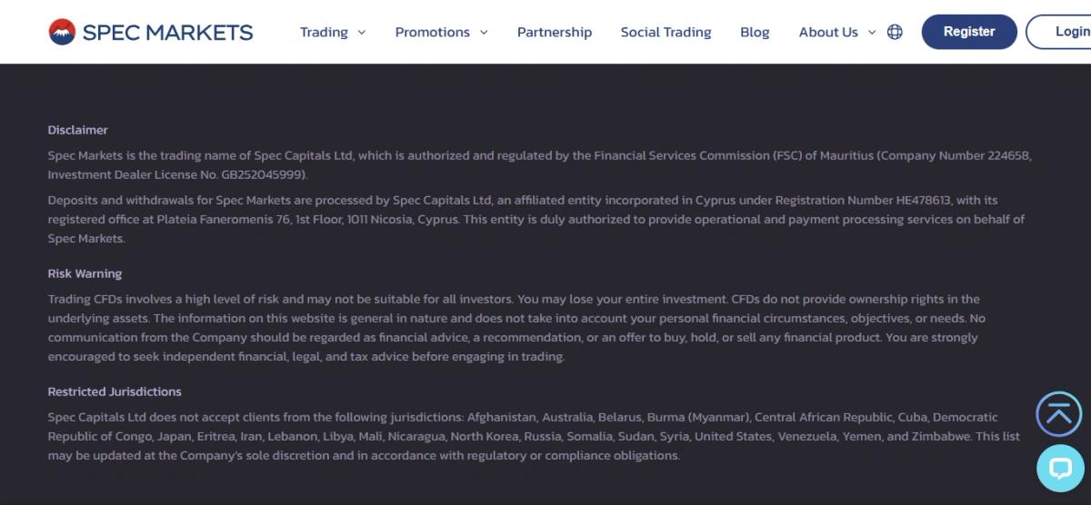 Spec Markets regulatory page showing FSC Mauritius license number GB252045999