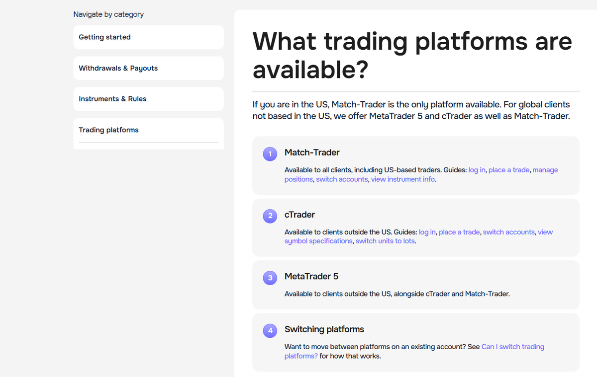 Página de condiciones de trading con plataformas disponibles, instrumentos y restricciones