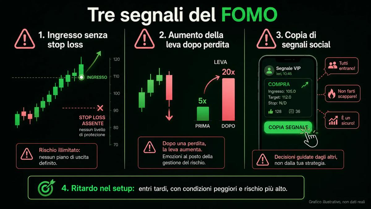 Infografica che mostra tre segnali di FOMO nel trading: ingresso senza stop loss, aumento della leva dopo una perdita, copia