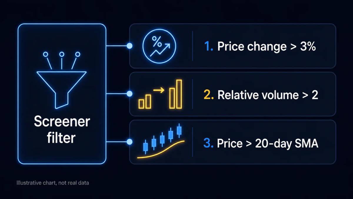 Stock screener filter panel showing price change, relative volume, and moving average criteria stacked vertically