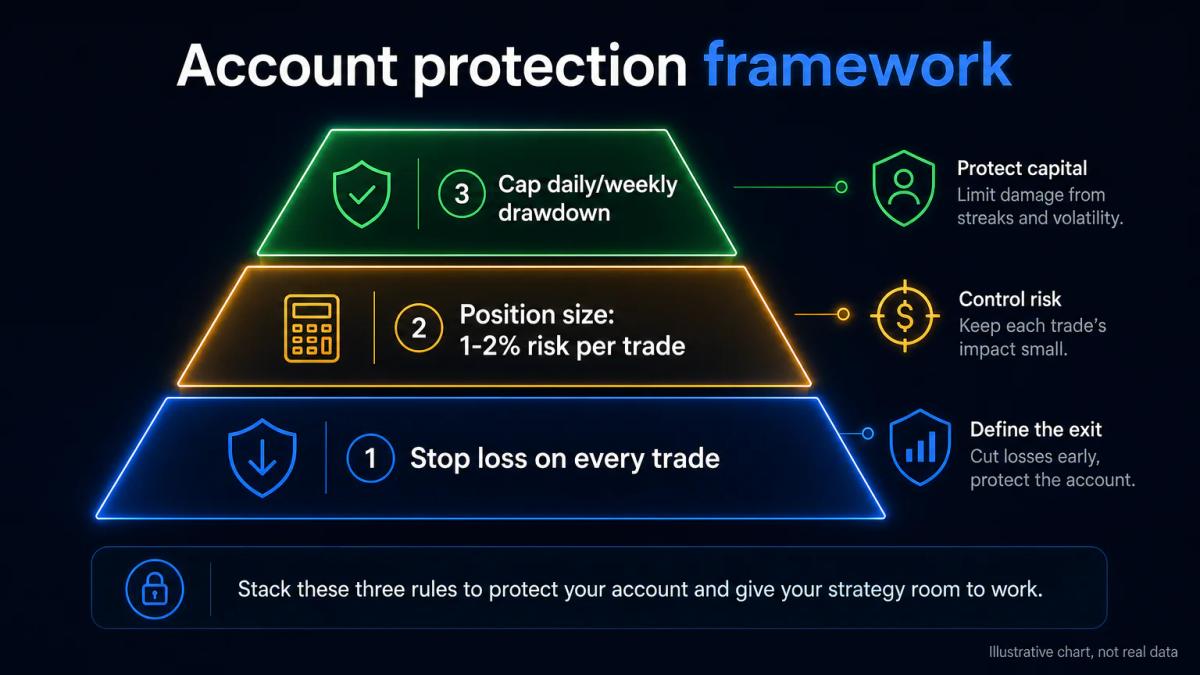 Three stacked risk rules shown as a pyramid: stop loss at base, position sizing in middle, drawdown cap at top