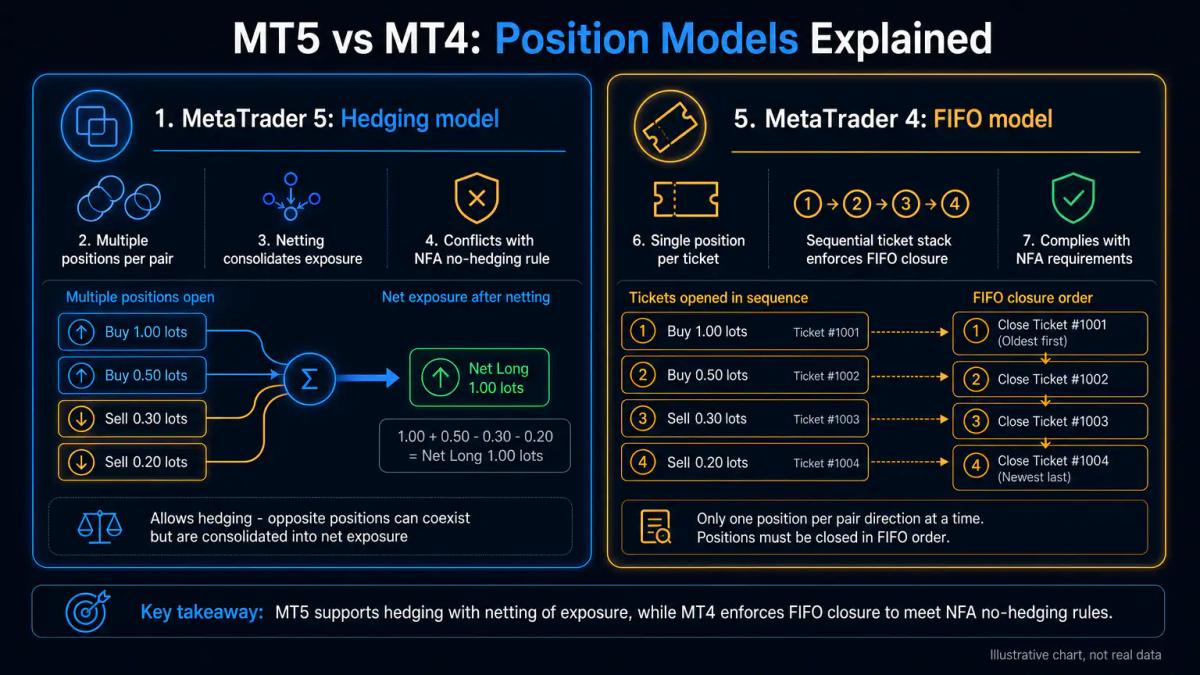 Comparison table: MT5 hedging model versus MT4 FIFO single-position model