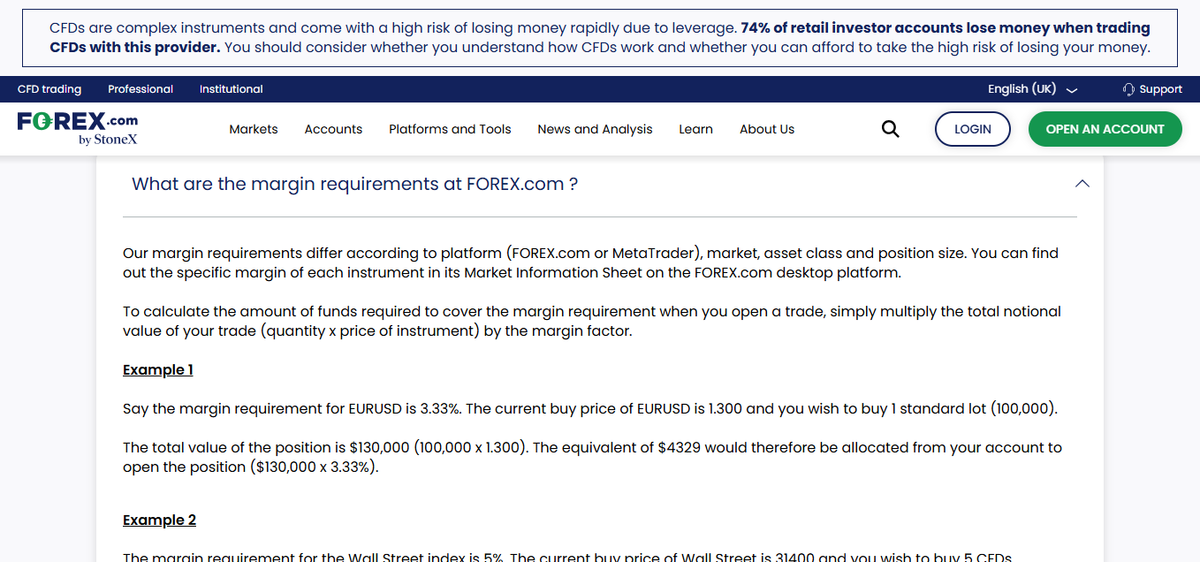 Margin requirements table on FOREX.com UK reflecting FCA leverage caps