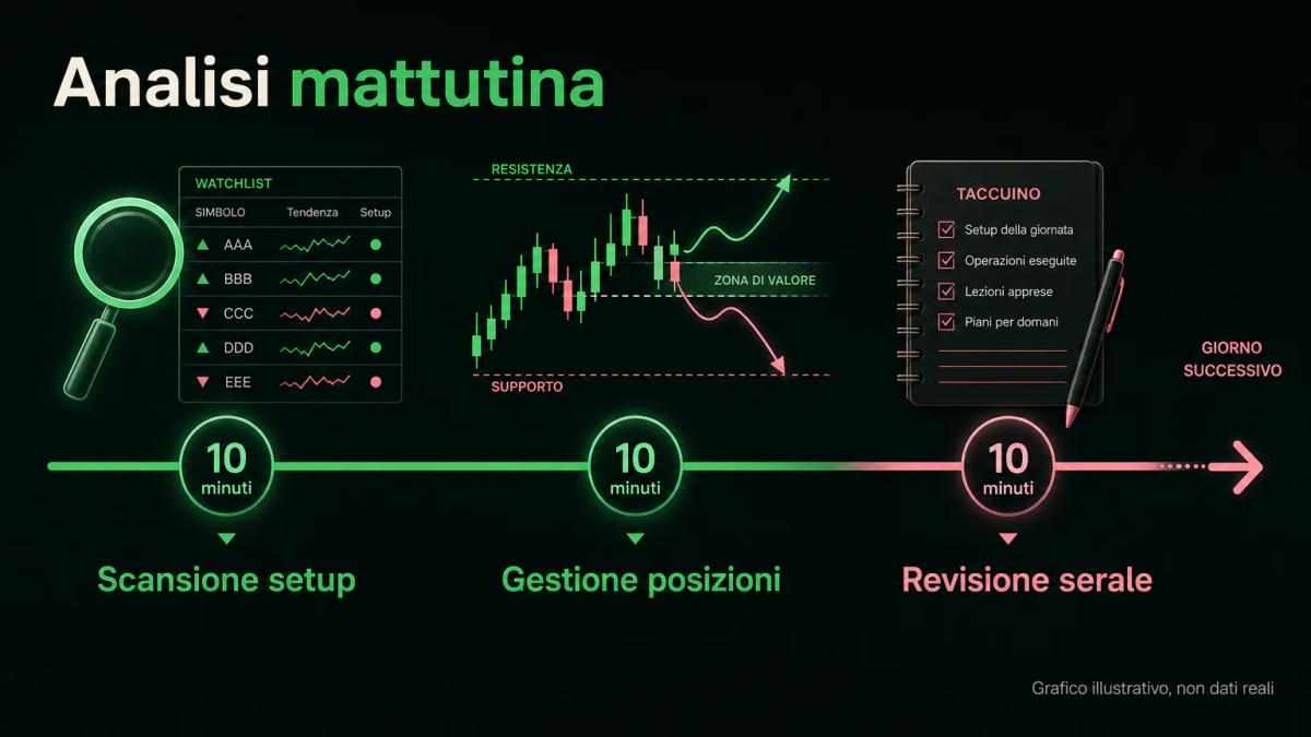 Timeline visuale che divide 30 minuti in tre fasi: analisi mattutina, gestione posizioni e revisione serale