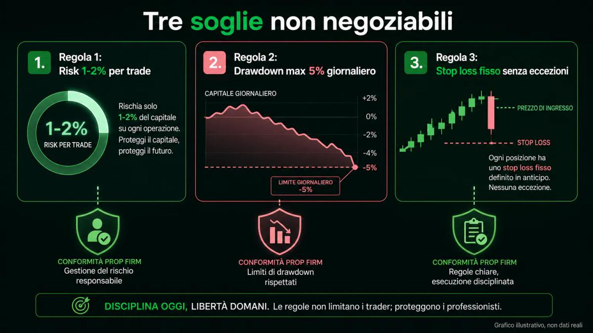 Tre regole non negoziabili visualizzate come soglie numeriche: risk 1-2%, drawdown 5%, stop loss fisso