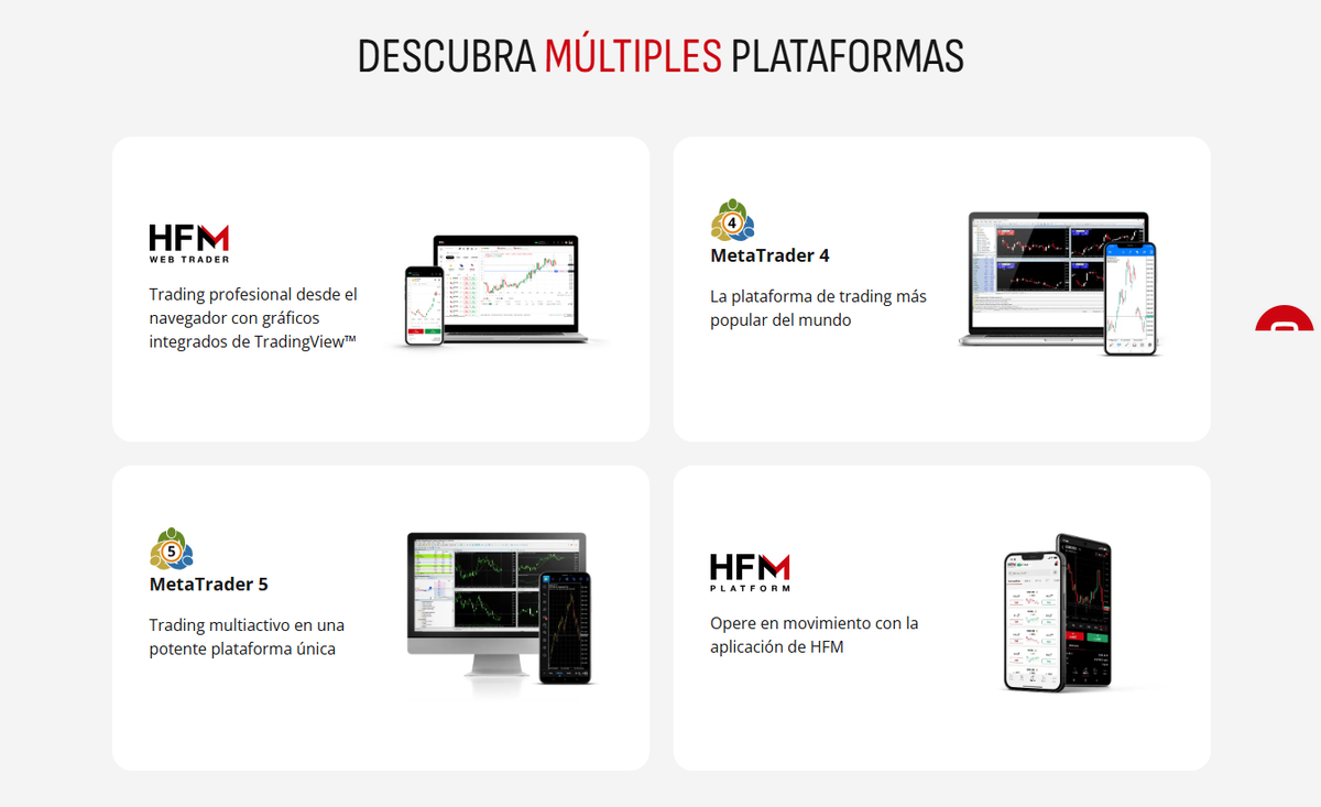 Sección de plataformas de HF Markets mostrando MT4, MT5, app HFM y WebTrader