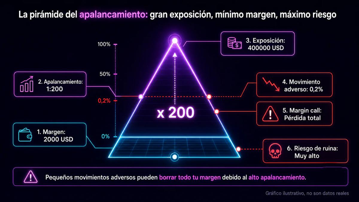 Diagrama de apalancamiento mostrando margen inicial, exposición total y punto de margin call con ejemplo numérico