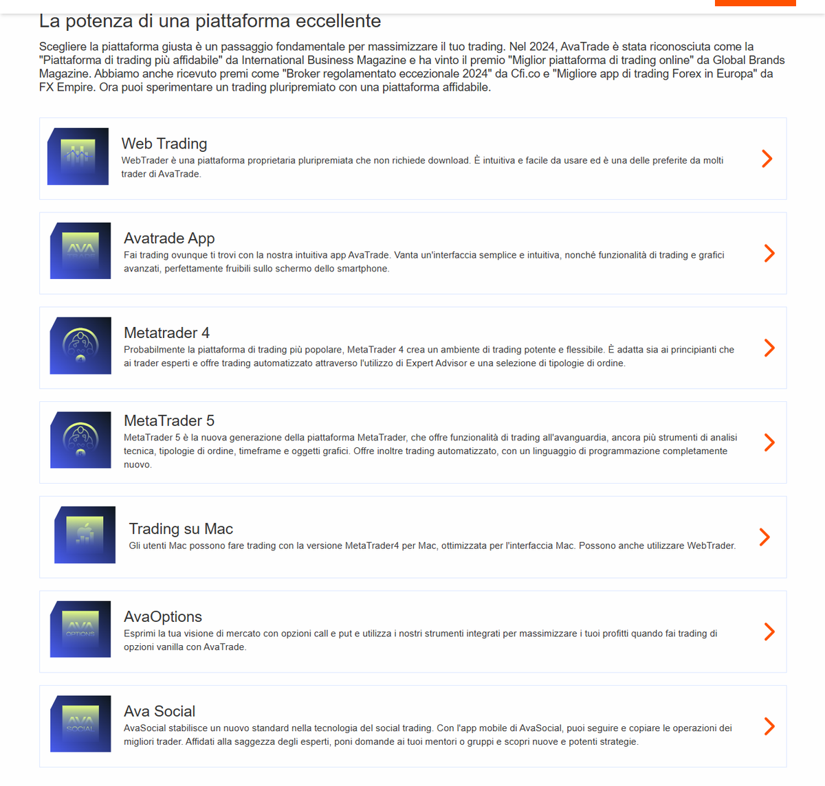 Pagina piattaforme AvaTrade con MT4, MT5, WebTrader, AvaTradeGO e AvaOptions