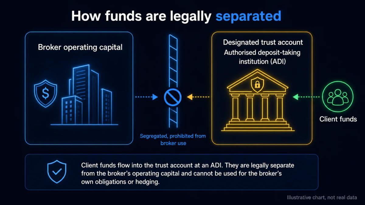 Flowchart showing client funds segregated in trust account at ADI, separate from broker operating capital