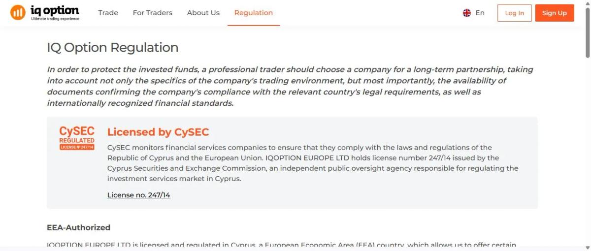 Sección de regulación del sitio oficial de IQ Option con información de licencias CySEC
