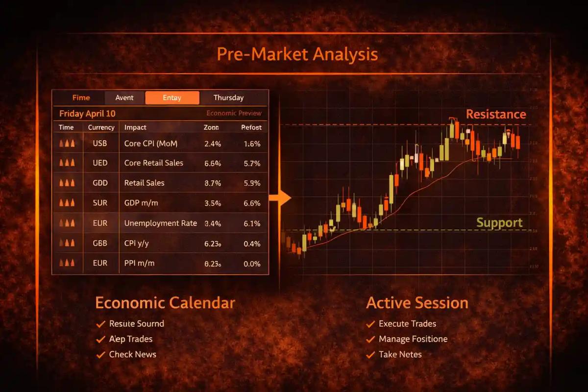 Example economic calendar and chart with marked support and resistance levels for pre-market analysis