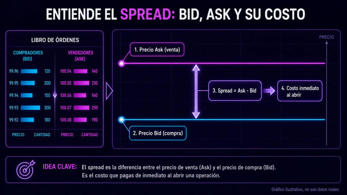 Gráfico editorial mostrando la anatomía del spread con bid, ask y la brecha de costo entre ellos
