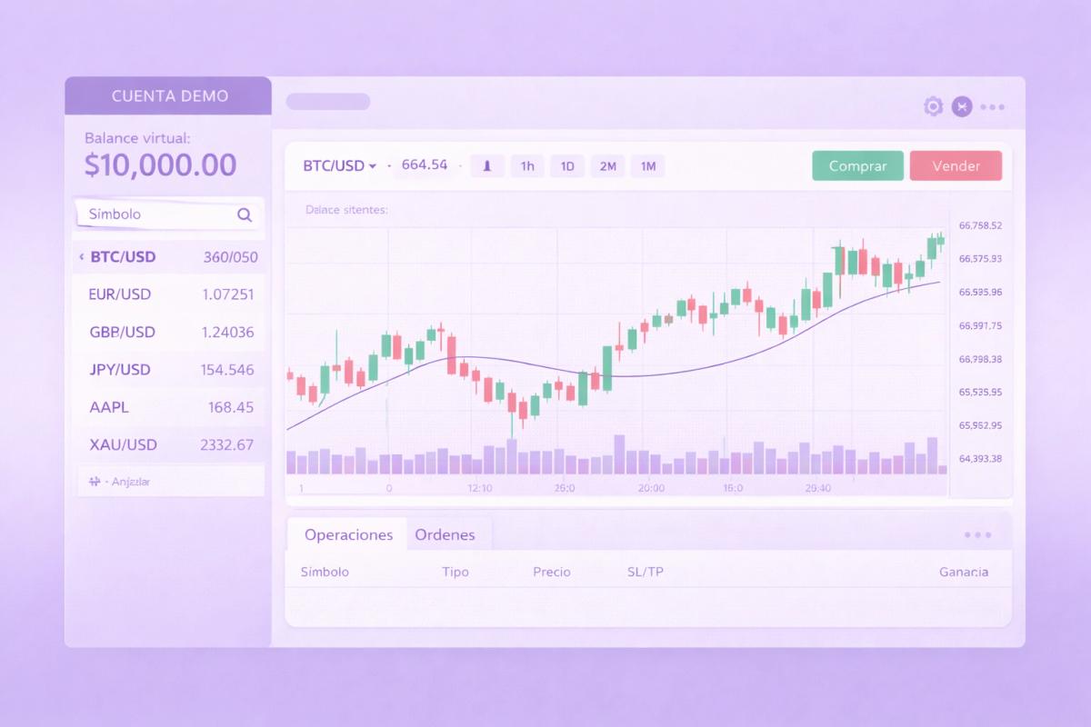 Vista representativa de una plataforma de trading con cuenta demo abierta mostrando saldo virtual y gráfico