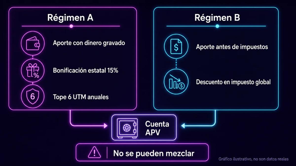Comparación de dos regímenes tributarios del APV: régimen A con bonificación estatal del 15%, régimen B con descuento en impu
