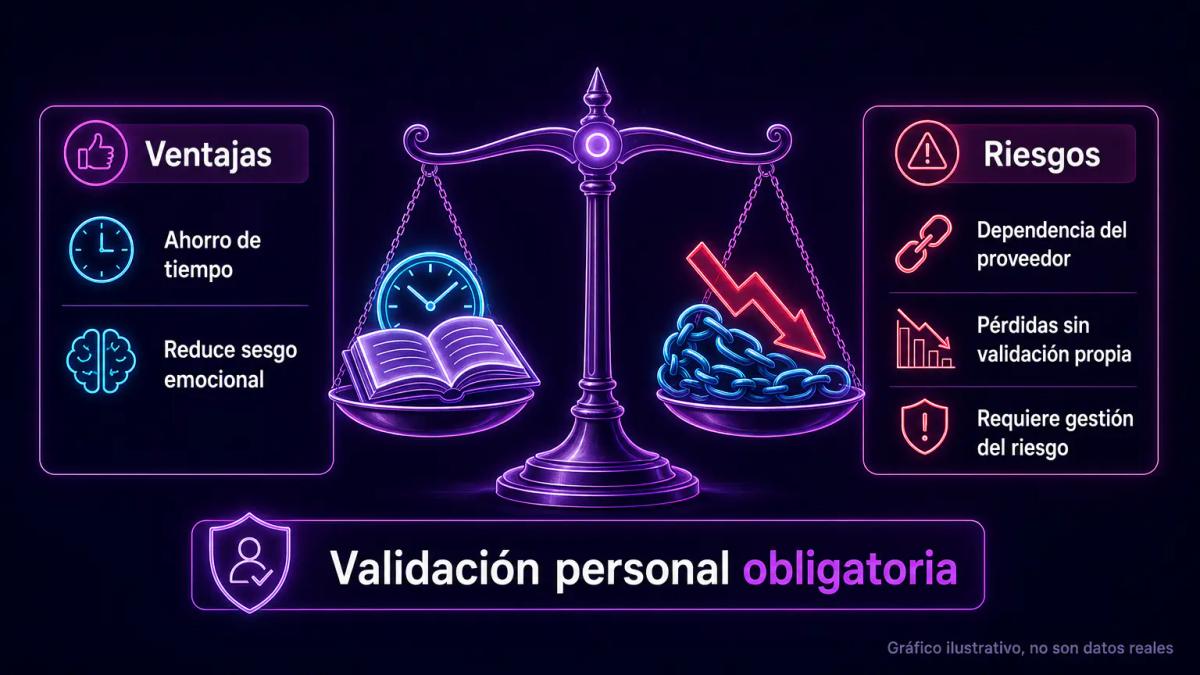 Balanza de dos platillos mostrando ventajas de tiempo y pedagogía versus riesgos de dependencia y pérdidas