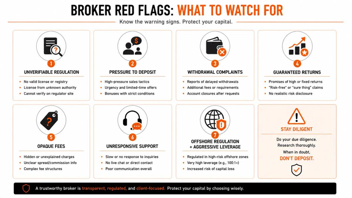 Simple visual checklist or icon set representing key broker red flags including pressure tactics, unverifiable regulation, and withdrawal complaints