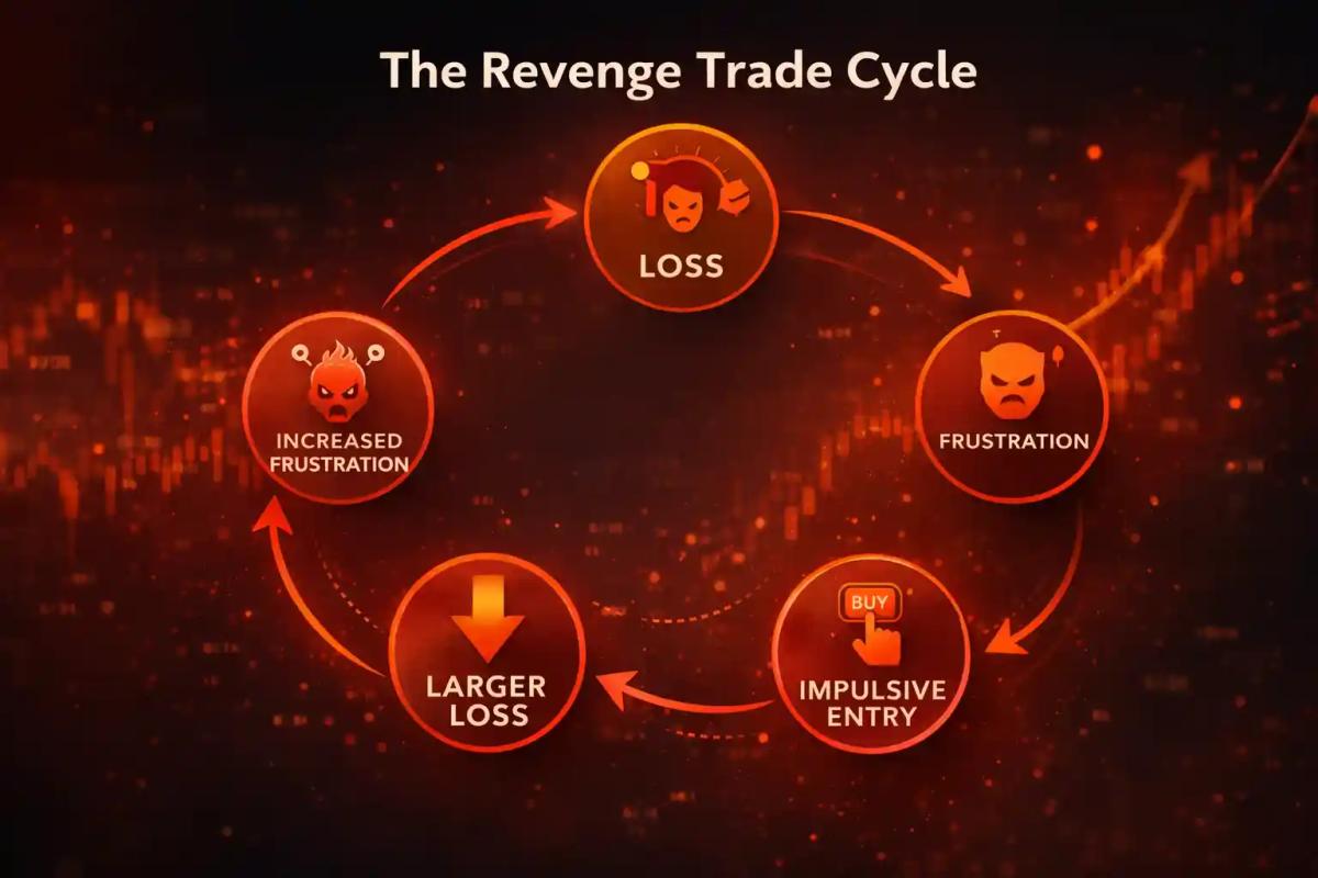 Circular flowchart illustrating the revenge trade cycle from loss through frustration to impulsive entry and back