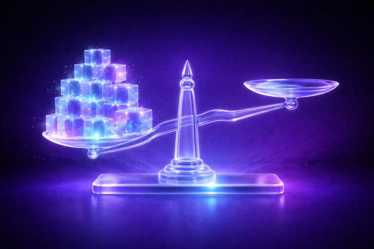 Balanza de cristal 3D con exceso de datos en un lado y acción postergada en el otro