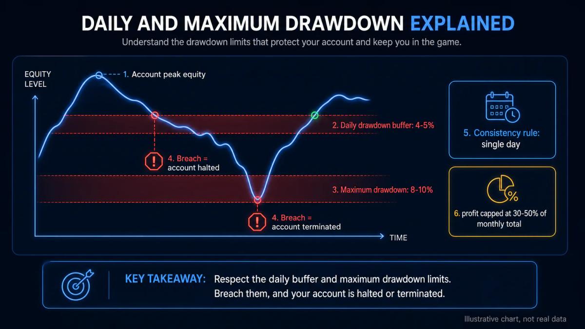 Account equity curve with daily drawdown buffer zone and maximum drawdown limit marked as red zones, showing breach scenario