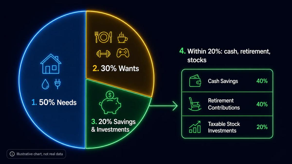 50/30/20 budget allocation pie chart with needs, wants, and savings segments clearly labeled