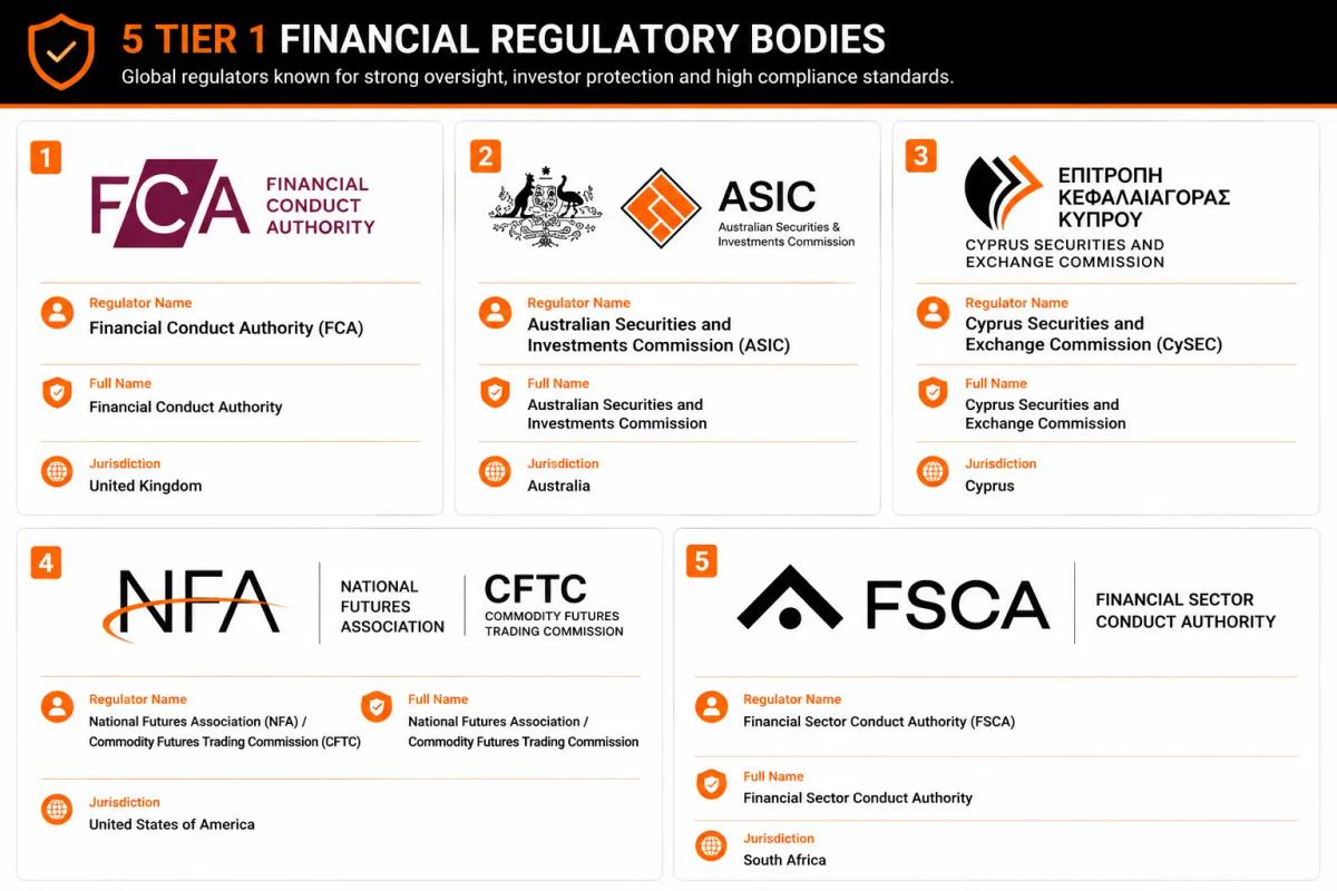 Grid of Tier 1 forex regulatory body logos including FCA ASIC CySEC NFA and FSCA with jurisdiction labels