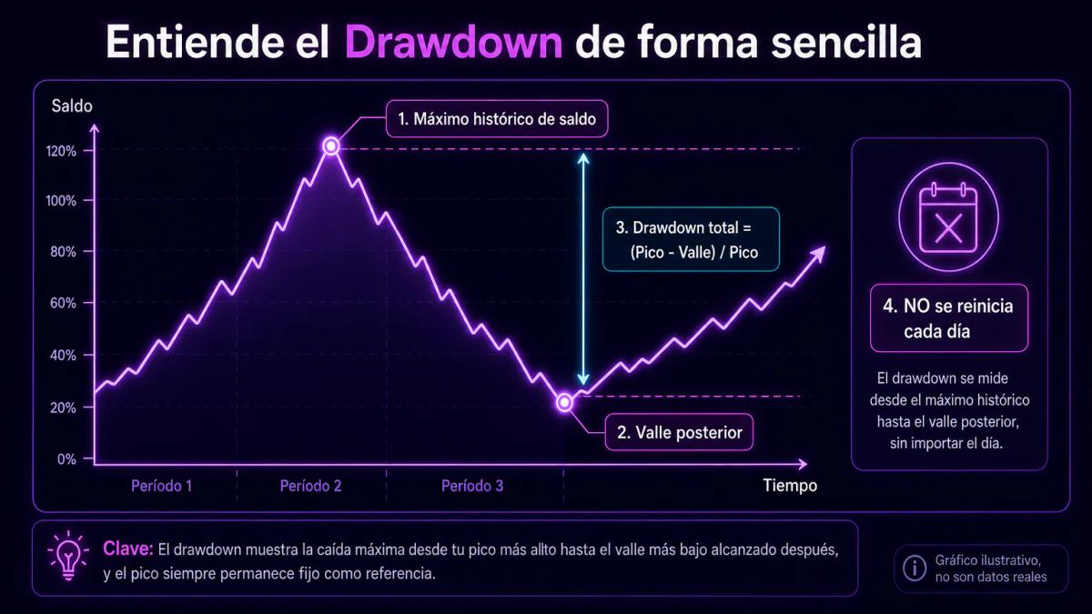 Gráfico editorial con pico histórico de saldo, valle posterior y distancia de drawdown total sin reinicio