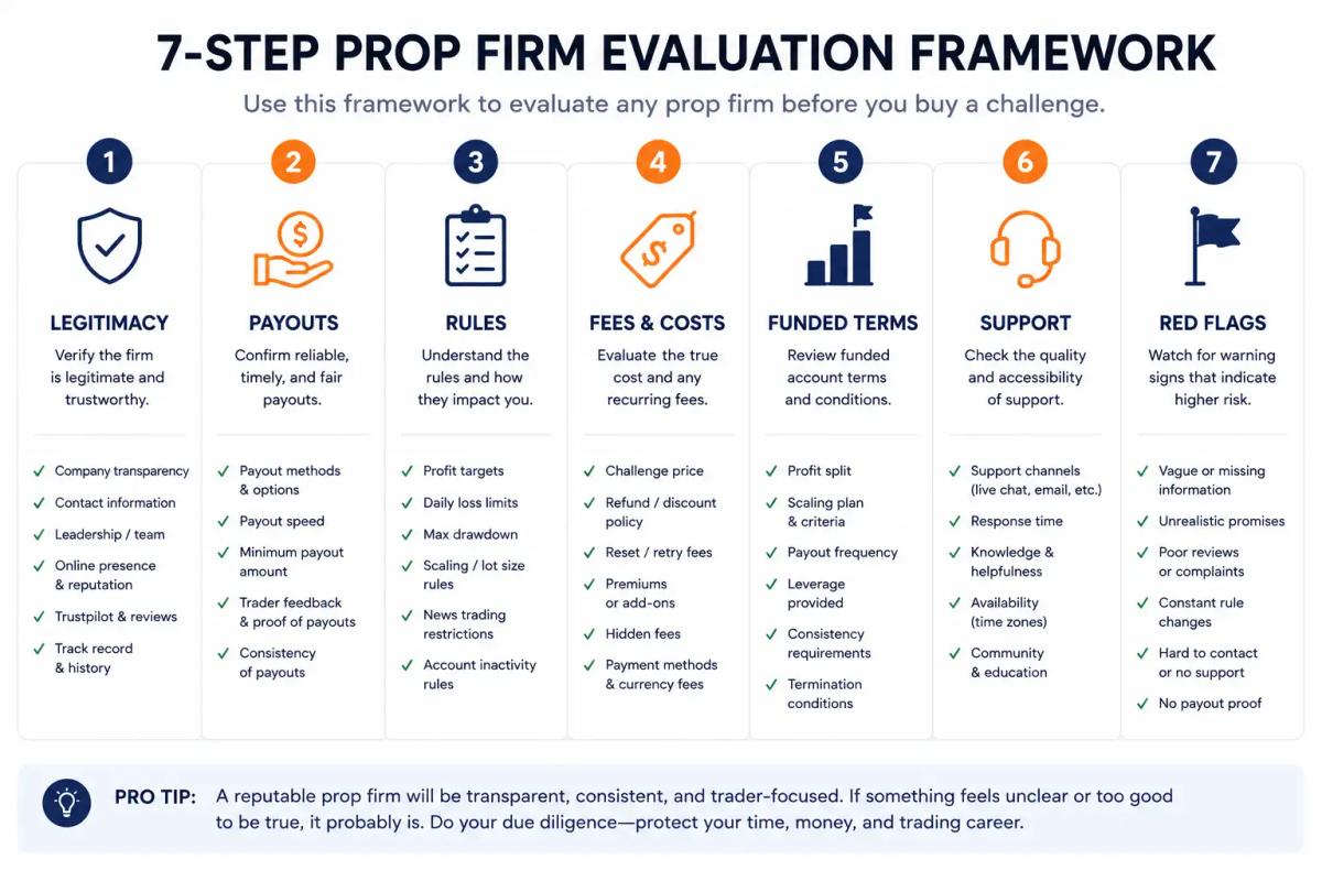 Seven-step prop firm evaluation framework covering legitimacy, payouts, rules, fees, funded terms, support, and red flags