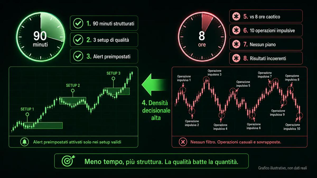 Confronto tra 90 minuti di trading strutturato e 8 ore di trading caotico con densità decisionale