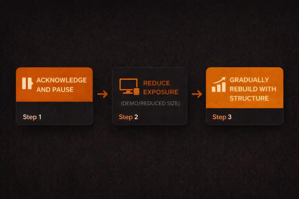 Three-step trading burnout recovery flowchart from pause to gradual return