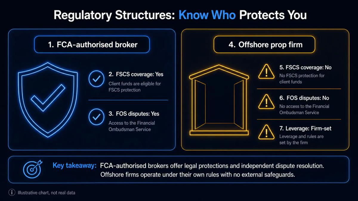 Comparison of FCA-authorised UK broker versus offshore prop firm, showing regulatory protections and risks