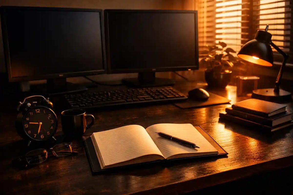Trader's desk at end of day with closed charts, open review notebook, and late-afternoon lighting's desk at end of day with closed charts, open review notebook, and late-afternoon lighting
