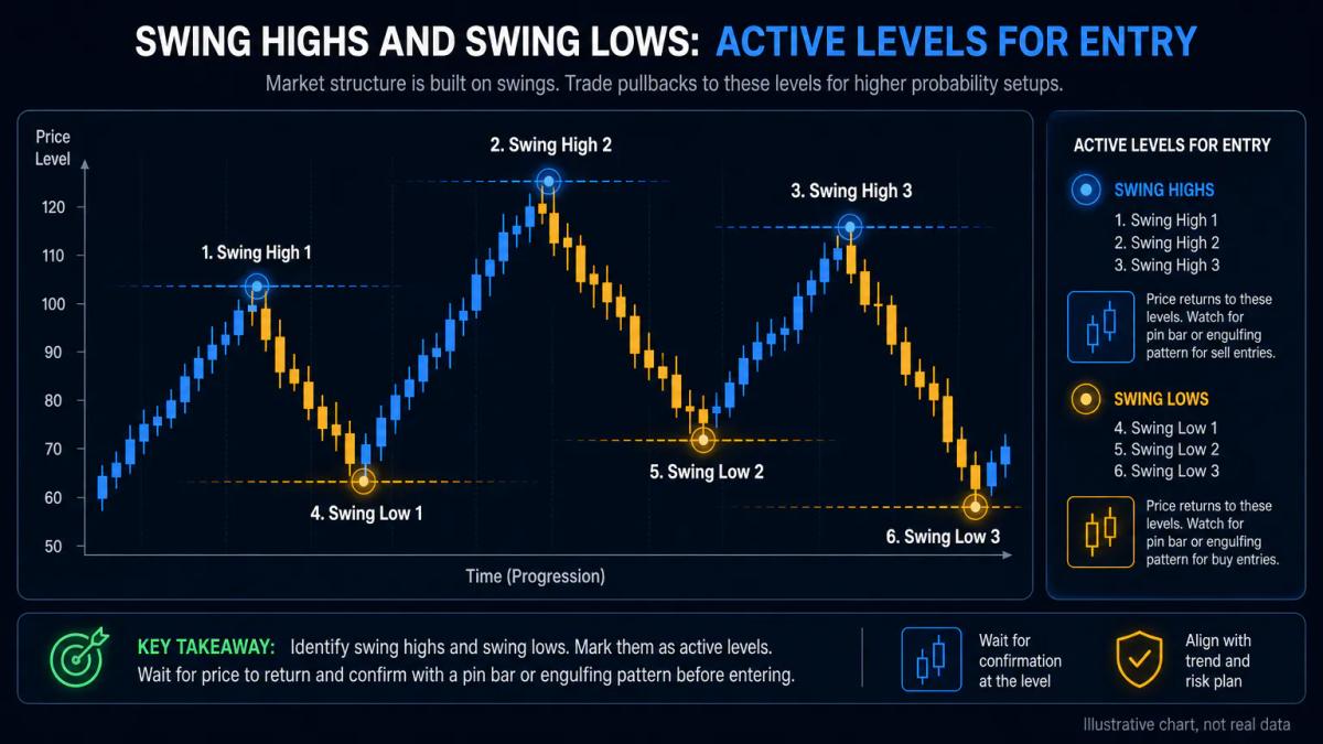 Price chart with three swing highs and three swing lows marked as entry and stop loss reference points