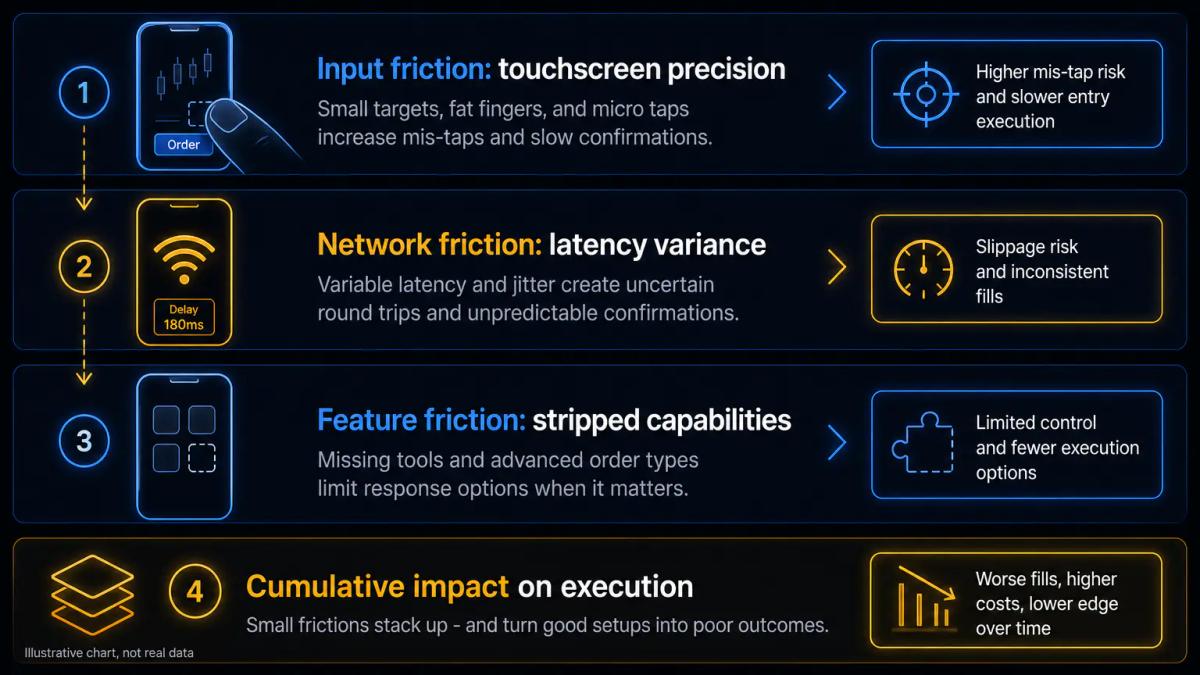 Three horizontal layers labeled input friction, network friction, and feature friction, each showing a phone icon with a cons