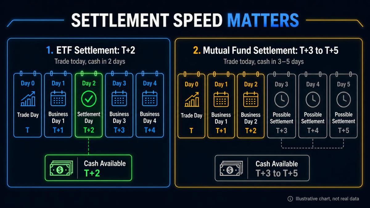 Settlement timeline comparing ETF T+2 settlement versus mutual fund 3-5 business day wait