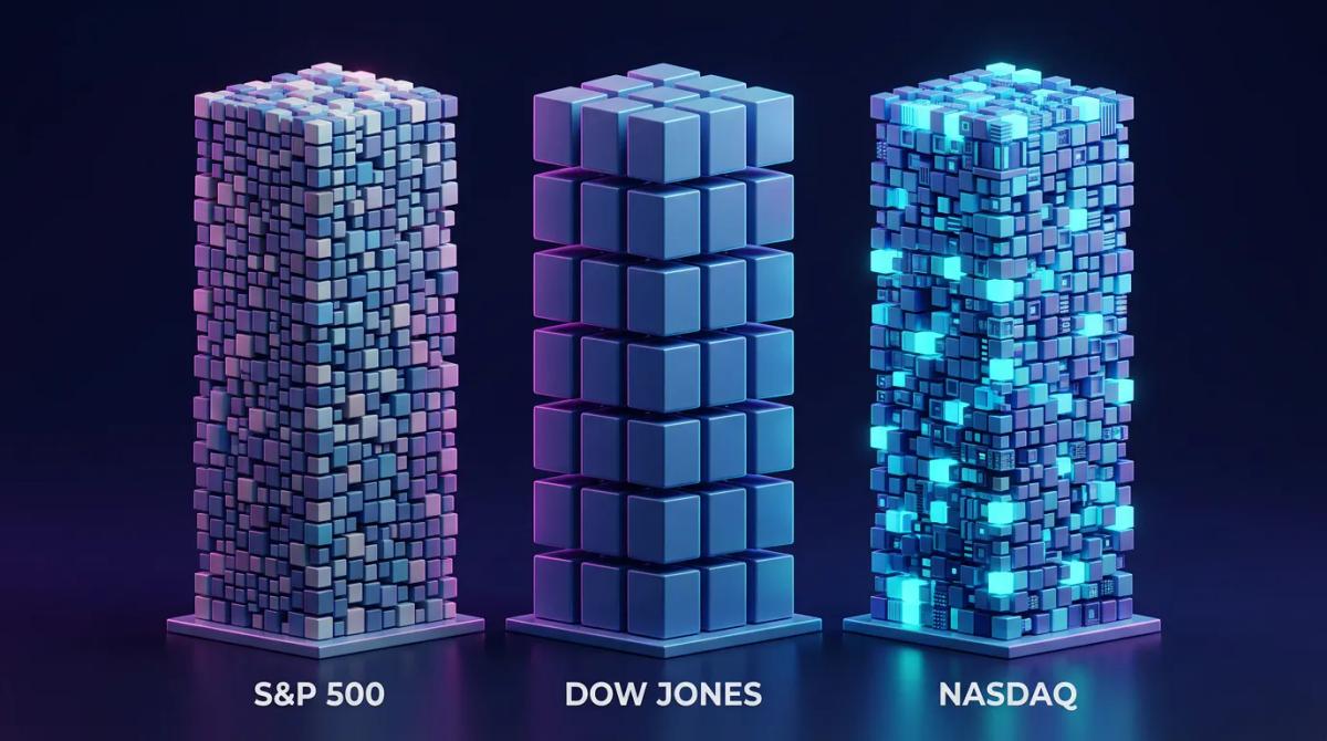 Tabla comparativa de S&P 500, Dow Jones y Nasdaq mostrando número de empresas, ponderación y composición sectorial