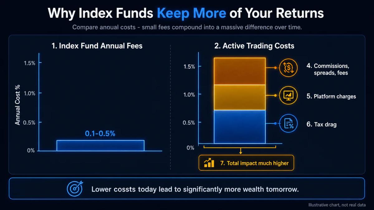 Stacked cost breakdown comparing annual index fund fees to active trading commissions, spreads and taxes