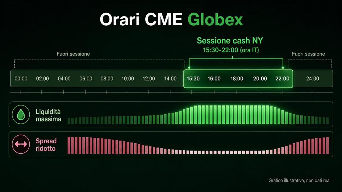 Timeline oraria del CME Globex che mostra la sessione cash di New York e i livelli di liquidità durante il giorno