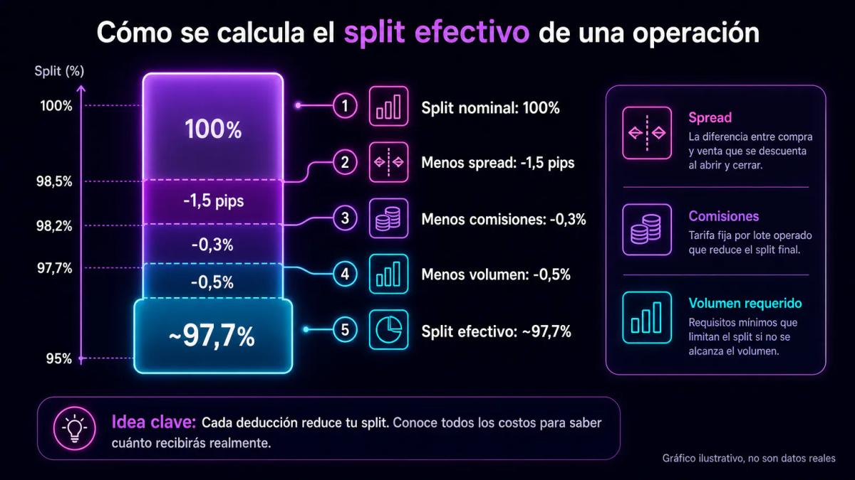 Dos gráficos de barras superpuestos mostrando split nominal del 100% versus split efectivo reducido por spreads y comisiones