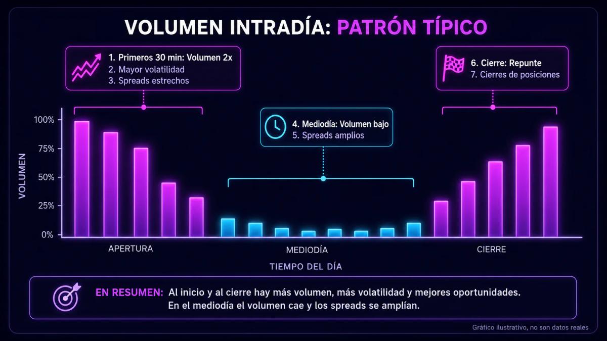 Gráfico de volumen intradía mostrando picos en apertura, mediodía bajo y cierre activo
