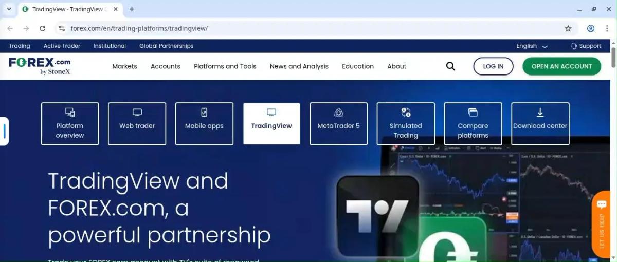 TradingView integrado en Forex.com con función de ejecución directa desde el gráfico