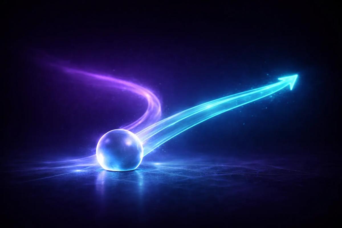 Gráfico de velas japonesas 3D en cristal con tendencia alcista hacia el horizonte, fondo azul-púrpura con destellos de luz