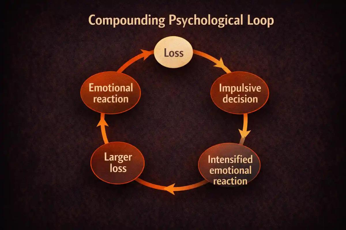 Diagram showing the compounding psychological loop of trading losses leading to emotional reactions and impulsive decisions