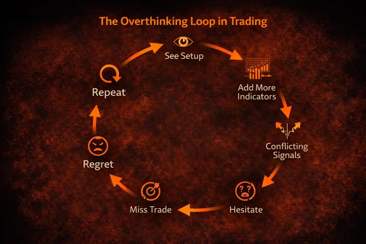 Cycle diagram showing the overthinking loop in trading from setup identification through regret and repetition