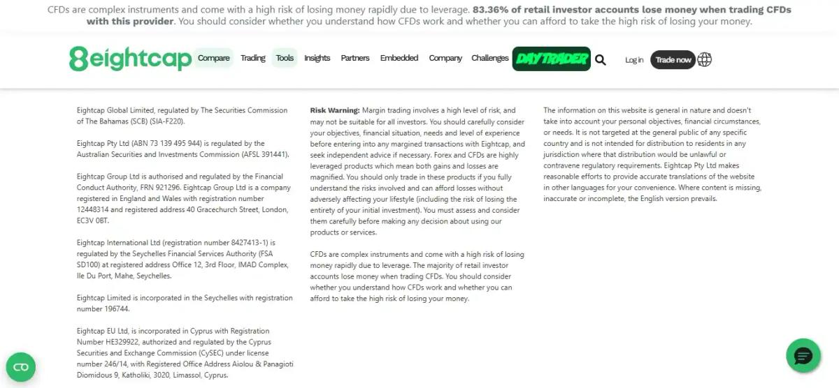 Eightcap regulatory license details from ASIC FCA and CySEC authorities