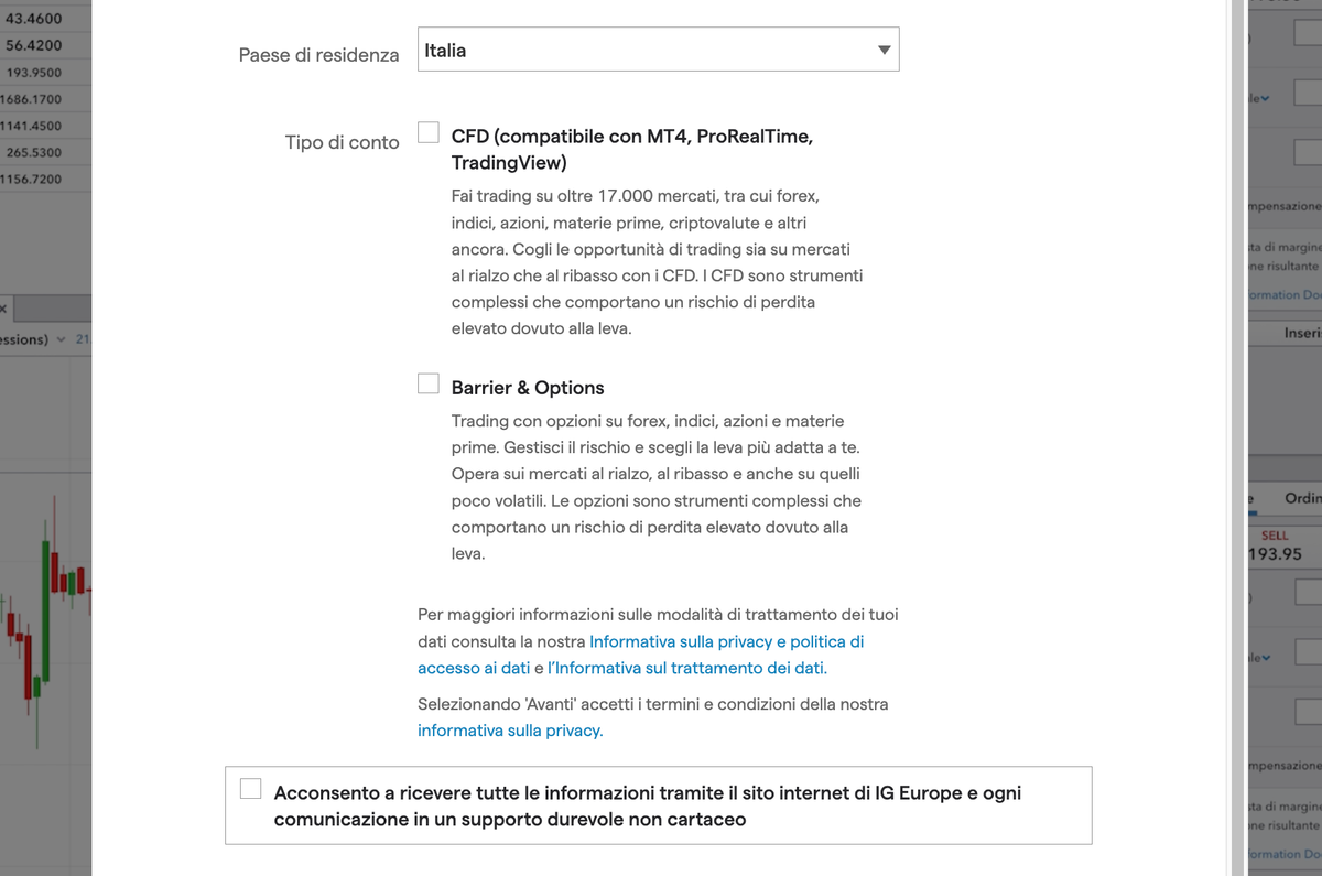 Pagina IG Italia con tipi di conto