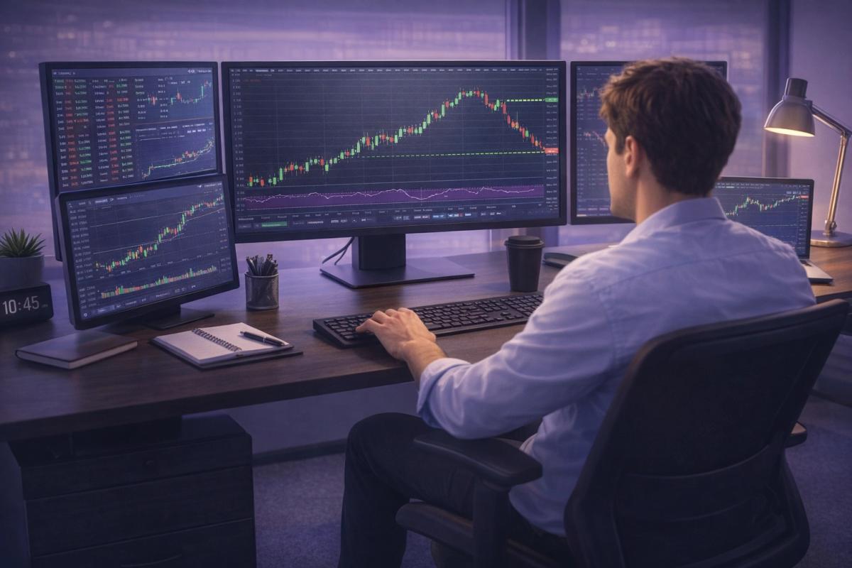 Trader enfocado frente a escritorio con múltiples pantallas mostrando gráficos, ambiente ordenado y tranquilo